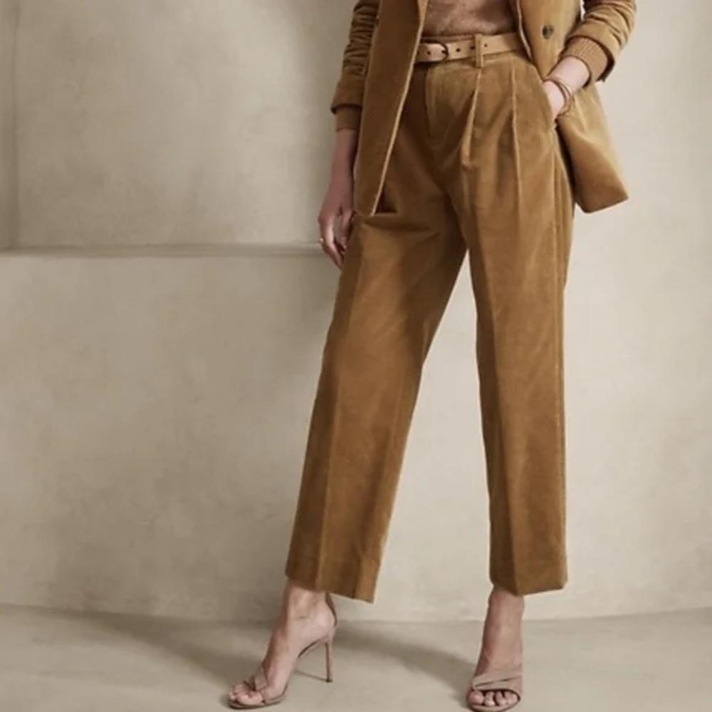 Banana Republic Rivoli preppy pleated corduroy cropped trousers in vicuña brown